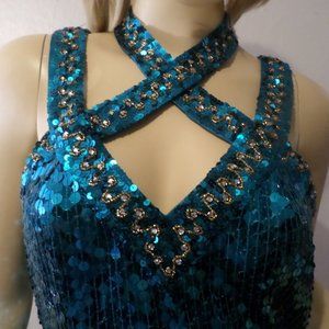 Blue Teal Couture Dress Gold Trim Crystal Stones